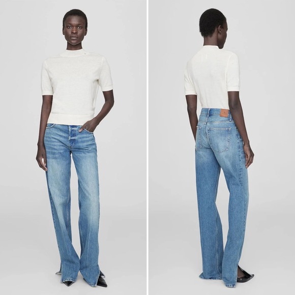 ANINE BING NWT Roy Mid Rise Relaxed Straight Leg Jeans 31 Nordic Blue split hem - Picture 12 of 13